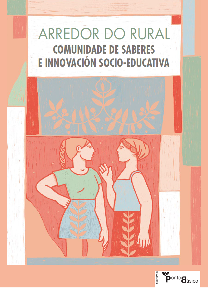 Dúas mulleres conversan debaixo do título do libro